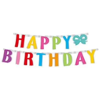 Papírová party girlanda s nápisem Happy Birthday v pestrých barvách a mašlí na oslavu narozenin