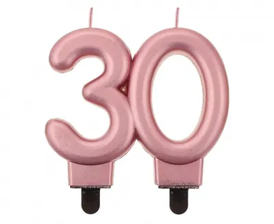 Narozeninová svíčka ve tvaru číslice 30 v metalickém provedení rose gold, výška 8 cm, značky Godan