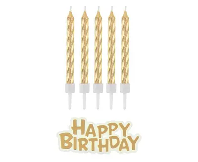 Svíčky na dort zlaté Happy Birthday, výška 6 cm, 16 ks