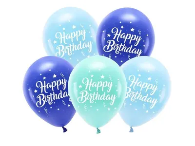 Eco balónky Happy Birthday modré a tyrkysové 26 cm, 5 ks