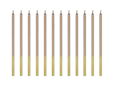 Vysoké metalické dortové svíčky v odstínu rose gold, 12 kusů, výška 14 cm, vhodné na dort a narozeninové oslavy