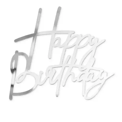Stříbrný zrcadlový zápich s nápisem Happy Birthday od značky Party Pal na zdobení narozeninových dortů