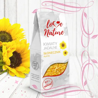 Sušené jedlé okvětní lístky slunečnice značky Love Nature v balení 15 g na zdobení dortů a dezertů