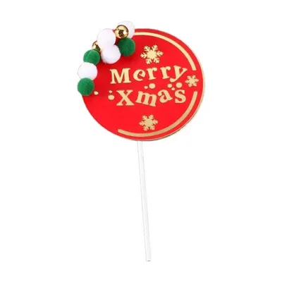 Zápich do dortu červený Merry Xmas s plyšovými bambulkami