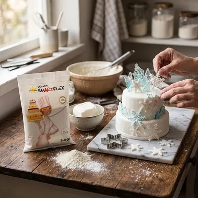 Bílá potahovací dortová hmota SMARTFLEX s vanilkovou příchutí od značky 4-Mix o hmotnosti 250 g na potahování a modelování dortů
