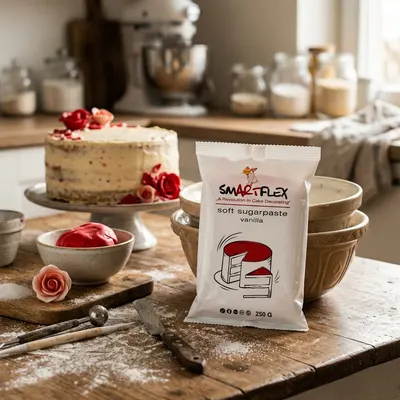 Měkký fondán 4-Mix Smartflex Soft v červené barvě s vanilkovou příchutí na potahování dortů