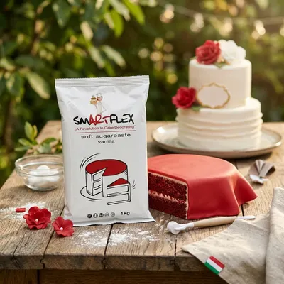 Měkčí potahovací fondán 4-Mix Smartflex Soft v červené barvě s vanilkovou příchutí na zdobení dortů