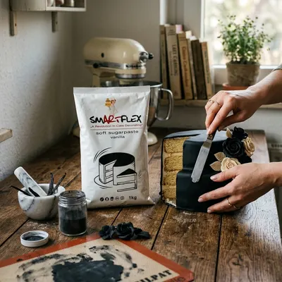 Měkčí fondán na dort značky 4-Mix v černé barvě s vanilkovou příchutí, balení 1 kg