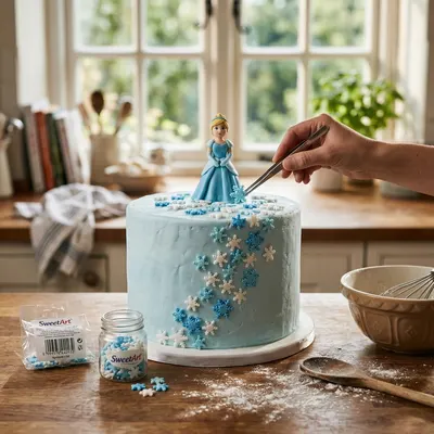 Cukrové sněhové vločky SweetArt v bílé a modré perleťové barvě na zdobení dortů, balení 50 ks