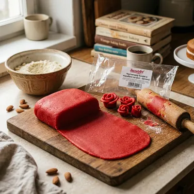 Červený marcipánový fondán SweetArt s obsahem mandlí na potahování a modelování dortů, balení 1 kg