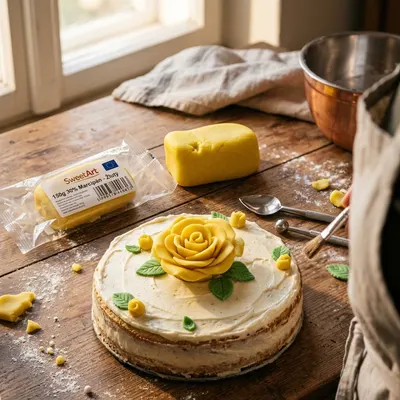 Žlutý barvený marcipán SweetArt s 30% podílem mandlí, balení 150 g, vhodný k modelování a potahování dortů