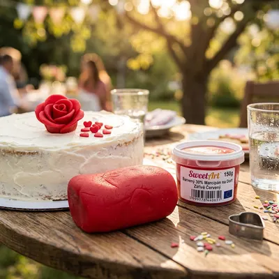 Červený marcipán SweetArt s 30 % mandlí na modelování a potahování dortů o hmotnosti 150 g