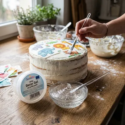 Potravinářský decor gel SweetArt o objemu 200 g pro fixaci jedlého papíru na dortech
