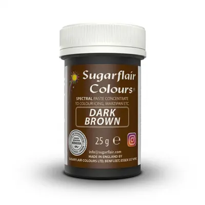 Gelová potravinářská barva Sugarflair v tmavě hnědém odstínu dark brown určená pro barvení dortů, marcipánu a potahovací hmoty