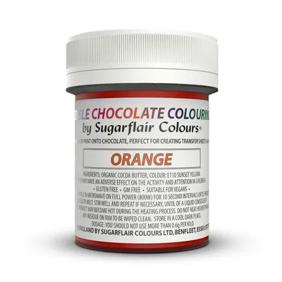 Oranžové barvené kakaové máslo Sugarflair v balení 35 g pro barvení čokoládových polev a krémů