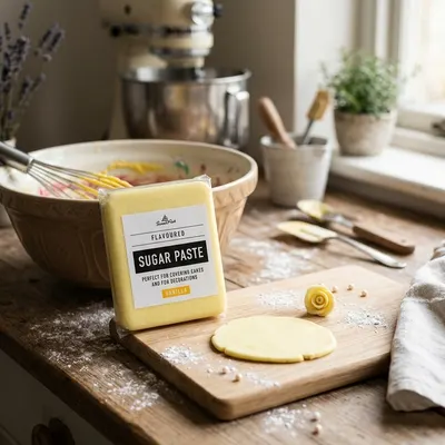 Fondán na dort SweetArt v pastelově žluté barvě s vanilkovou příchutí, 250 g, vhodný k potahování a modelování dortů
