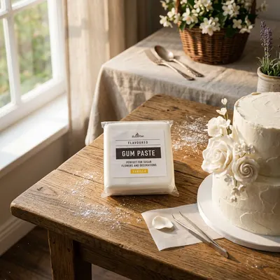Modelovací gum pasta SweetArt v bílé barvě s vanilkovou příchutí, 500 g, vhodná pro tvarování cukrových květin a dekorací na dorty