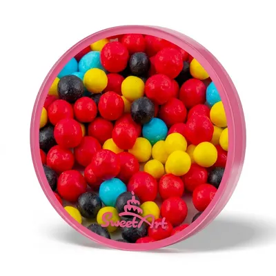 Cukrové perly SweetArt v motivu Cars o průměru 7 mm v červené, modré, žluté a černé barvě na zdobení dortů a cukrovinek
