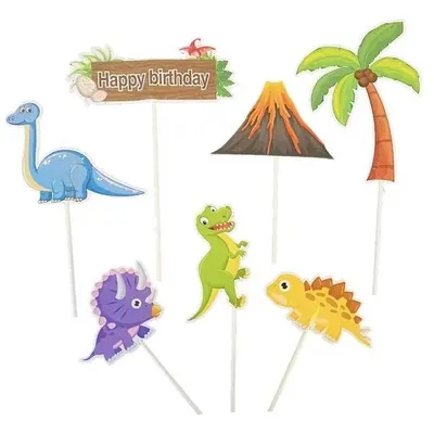 Sada 7 zápichů do dortu s motivem dinosaurů a nápisem Happy Birthday pro dětské narozeninové oslavy