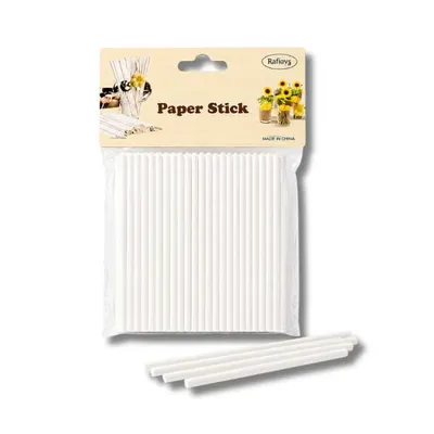 Bílé papírové špejle na lízátka o délce 12 cm, balení 50 kusů, vhodné na cake pops a domácí lízátka