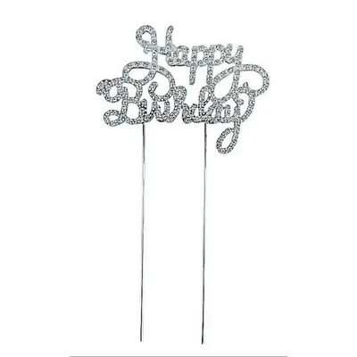 Kovový zápich do dortu ve stříbrné barvě s nápisem Happy Birthday ozdobeným třpytivými kamínky