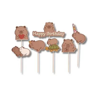 Zápich do dortu Happy Birthday s motivy kapybar pro dekoraci dortů a dezertů na narozeninové oslavy