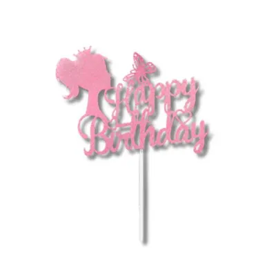 Zápich do dortu růžový Happy Birthday s princeznou, 1 ks
