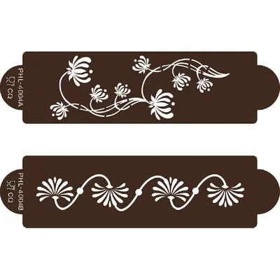 Dvě květinové stencil šablony Modern značky Cakesicq určené k zdobení dortů a cupcakes