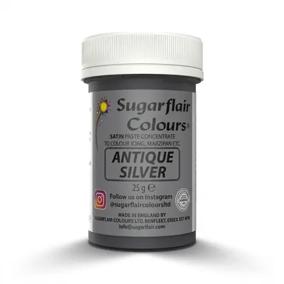 Perleťová gelová barva Sugarflair v odstínu Antique Silver pro probarvení dortů, krémů a marcipánu