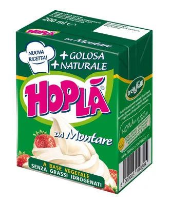 Slazený rostlinný šlehací krém Trevalli Hoplá v balení 200 ml, vhodný na zdobení a plnění dortů a dezertů