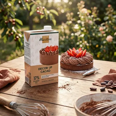 Rostlinný kakaový šlehačkový krém Master Martini Decor Up Cacao v objemu 1 l, slazený, vhodný na zdobení dortů