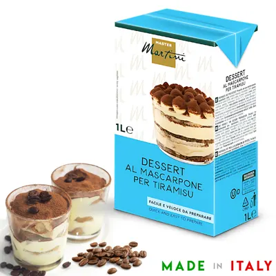Hotový dezertní krém Tiramisu s mascarpone od značky Master Martini v objemu 1 litr pro rychlou přípravu italského dezertu