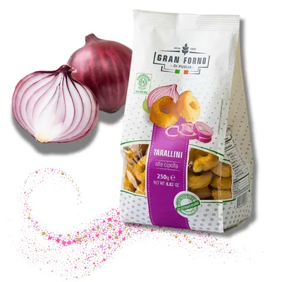 Italské slané krekry Tarallini s cibulí v kroužcích, balení 250 g