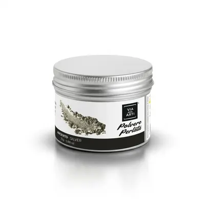 Prachová jedlá barva s leskem ve stříbrné barvě v balení 25 g od značky Via delle Arti pro zdobení dortů a cukrářských výrobků