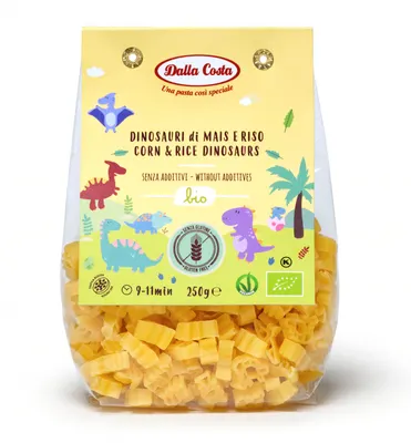 Bezlepkové bio kukuřičné těstoviny ve tvaru dinosaurů v balení 250 g