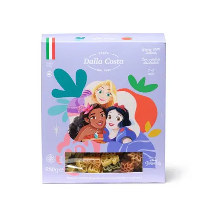 Dětské barevné těstoviny Princess Disney v balení 250 g s pohádkovými tvary princezen, hradů a střevíčků