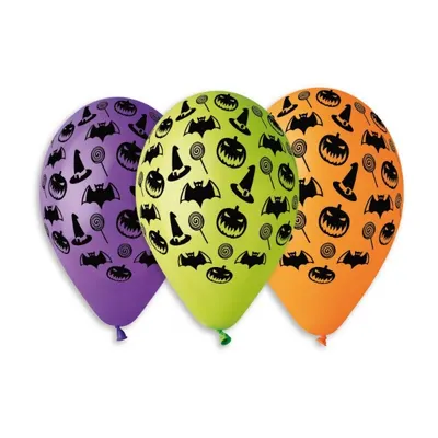 Latexové balonky s halloweenským potiskem o průměru 30 cm, 5 kusů, značka Gemar Balloons, vhodné na party a tematickou výzdobu