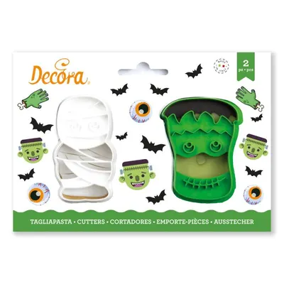 Vykrajovátko ve tvaru mumie a Frankensteina o velikosti 8 cm od značky Decora na pečení halloweenských sušenek a dortových ozdob