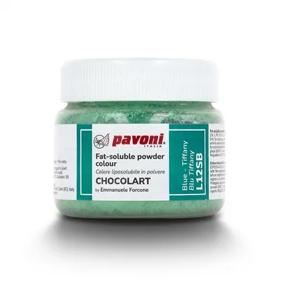 Modrá barva na čokoládu v tiffany odstínu od italské značky Pavoni, 40 g, pro barvení čokolády a dekorací cukrářských výrobků