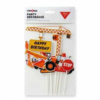 Sada 7 zápichů do dortu s motivy stavby s nápisem Happy Birthday pro dětskou narozeninovou oslavu