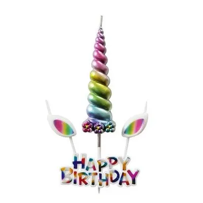 Svíčka Happy Birthday s jednorožčím rohem a ušima