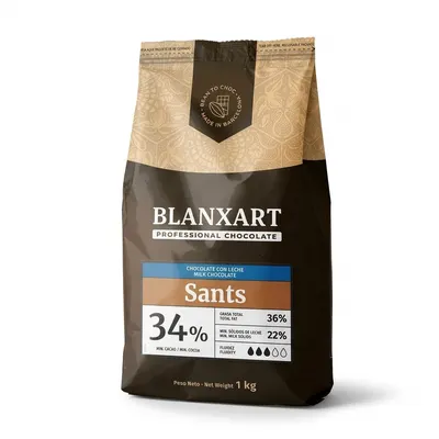 Pravá mléčná čokoláda Blanxart Sants 34 % v balení 1 kg pro pečení, polevy a krémy