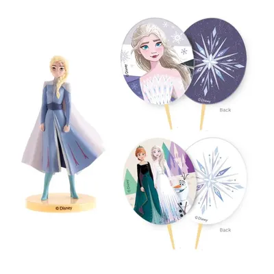 Dekorace na dort s motivem Elsy z Frozen, figurka a dvě zapichovací dekorace pro dětské narozeniny