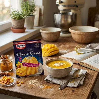 Puding Dr. Oetker s příchutí mango a kurkuma v balení 40 g pro přípravu exotických krémů a dezertů