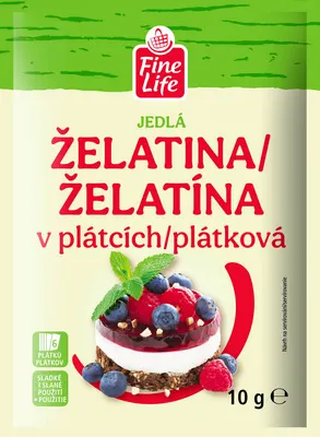 Fine Life želatina v plátcích, balení 10 g, vhodná na ztužení krémů, panna cotty a ovocných polev