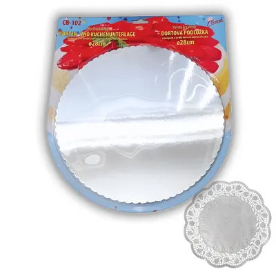 Zrcadlová stříbrná dortová podložka o průměru 28 cm s pěti krajkami pro prezentaci dortů
