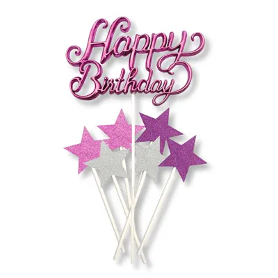 Růžový plastový zápich na dort s nápisem Happy Birthday od značky Alvarak