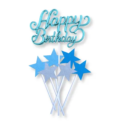 Modrý plastový zápich na dort s nápisem Happy Birthday od značky Alvarak