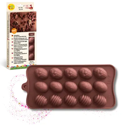 Silikonová forma na 15 mini velikonočních vajíček o rozměru 3,5 x 2,5 cm pro čokoládu a cukrářskou hmotu