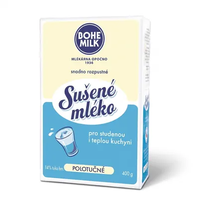 Sušené polotučné mléko Bohemilk v balení 400 g vhodné do cukrářských krémů a těst